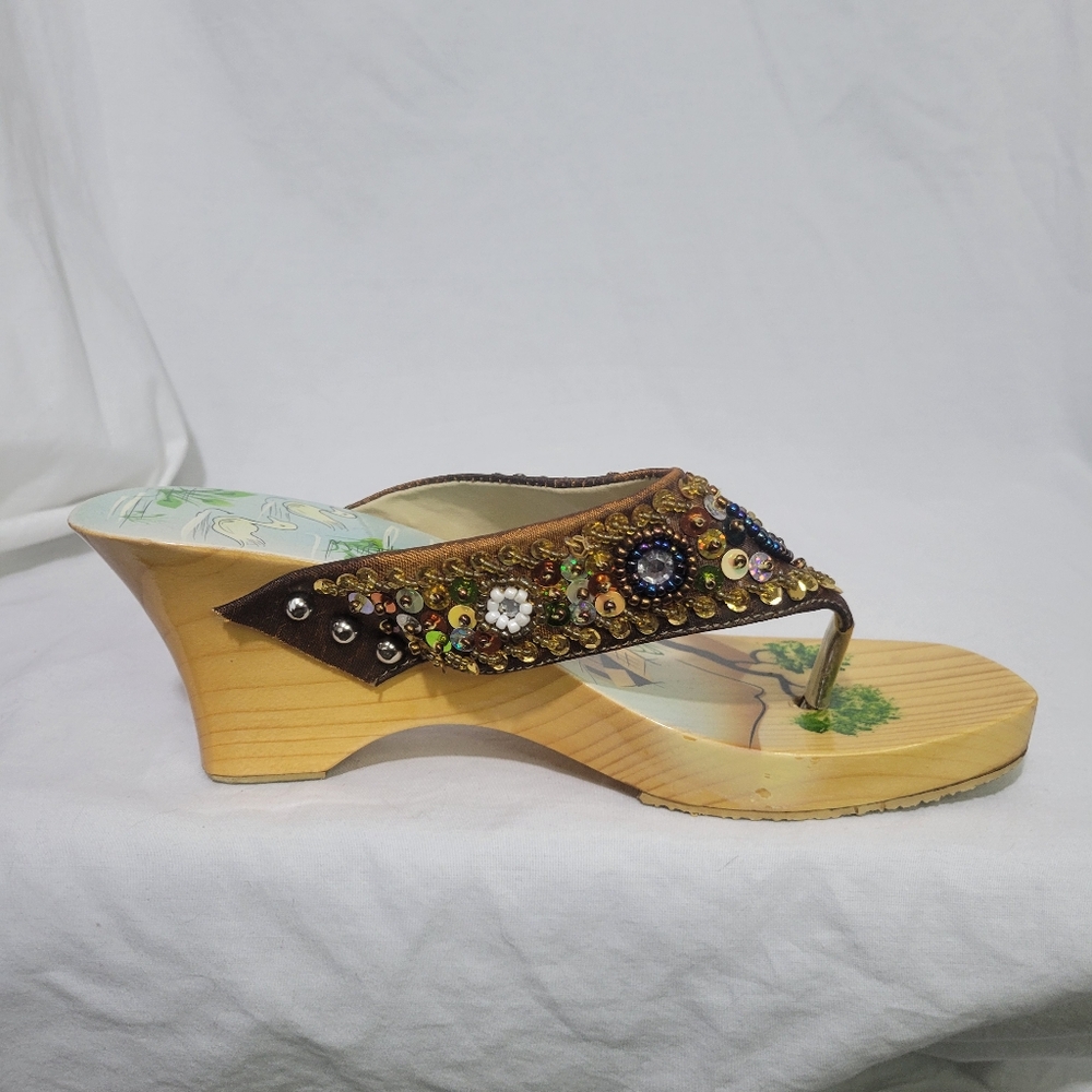 Vintage Y2K Bamboo Wooden Wedge Sandals Boho Sequin Painted Size 7 - Picture 5 of 13